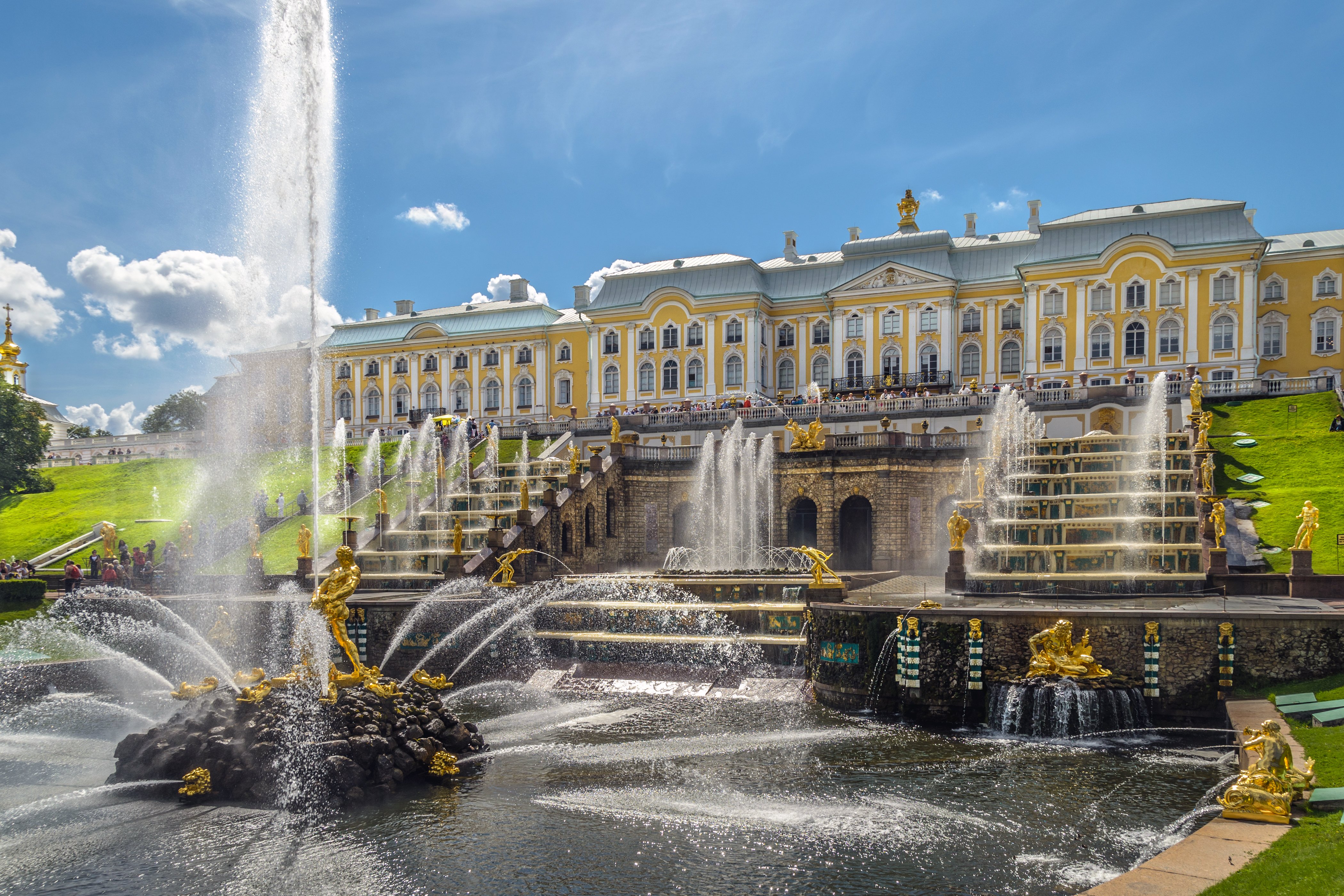 The Grand Cascade at Peterhof Palace near St. Petersburg, a UNESCO-listed imperial residence known as the 'Russian Versailles.'